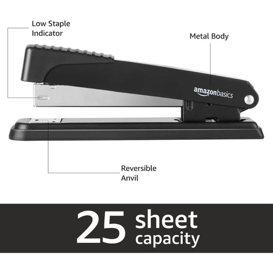 Amazon Basics Full-Strip Metal Stapler 20 Sheet Capacity, Non-Slip Desktop Office Stapler, Black, 3-Pack