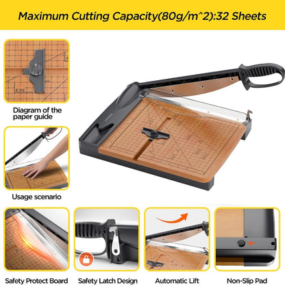 12" Wood Guillotine Paper Cutter Heavy Duty Paper Trimmer 32 Sheet Capacity