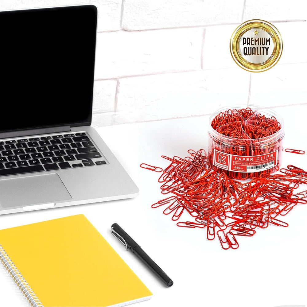 Kempshott 450 Red Paper Clips Assorted Sizes, Small Medium Large Vinyl Coated Clips for Office School