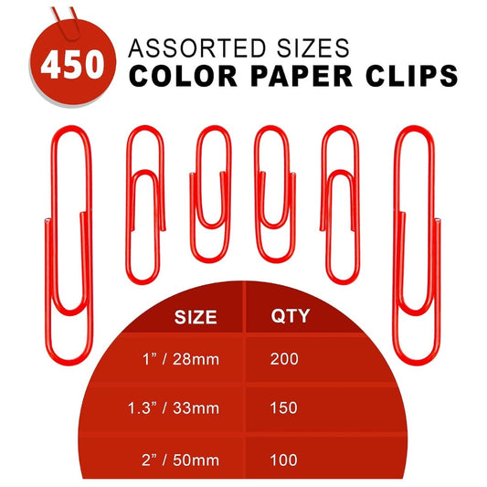 Kempshott 450 Red Paper Clips Assorted Sizes, Small Medium Large Vinyl Coated Clips for Office School
