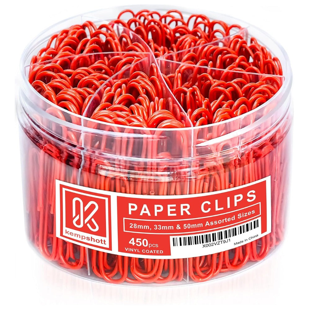 Kempshott 450 Red Paper Clips Assorted Sizes, Small Medium Large Vinyl Coated Clips for Office School