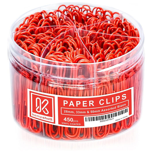 Kempshott 450 Red Paper Clips Assorted Sizes, Small Medium Large Vinyl Coated Clips for Office School