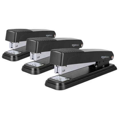 Amazon Basics Full-Strip Metal Stapler 20 Sheet Capacity, Non-Slip Desktop Office Stapler, Black, 3-Pack