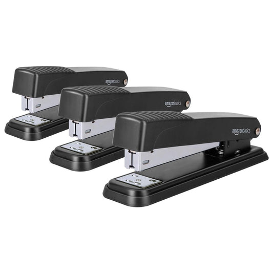 Amazon Basics Full-Strip Metal Stapler 20 Sheet Capacity, Non-Slip Desktop Office Stapler, Black, 3-Pack