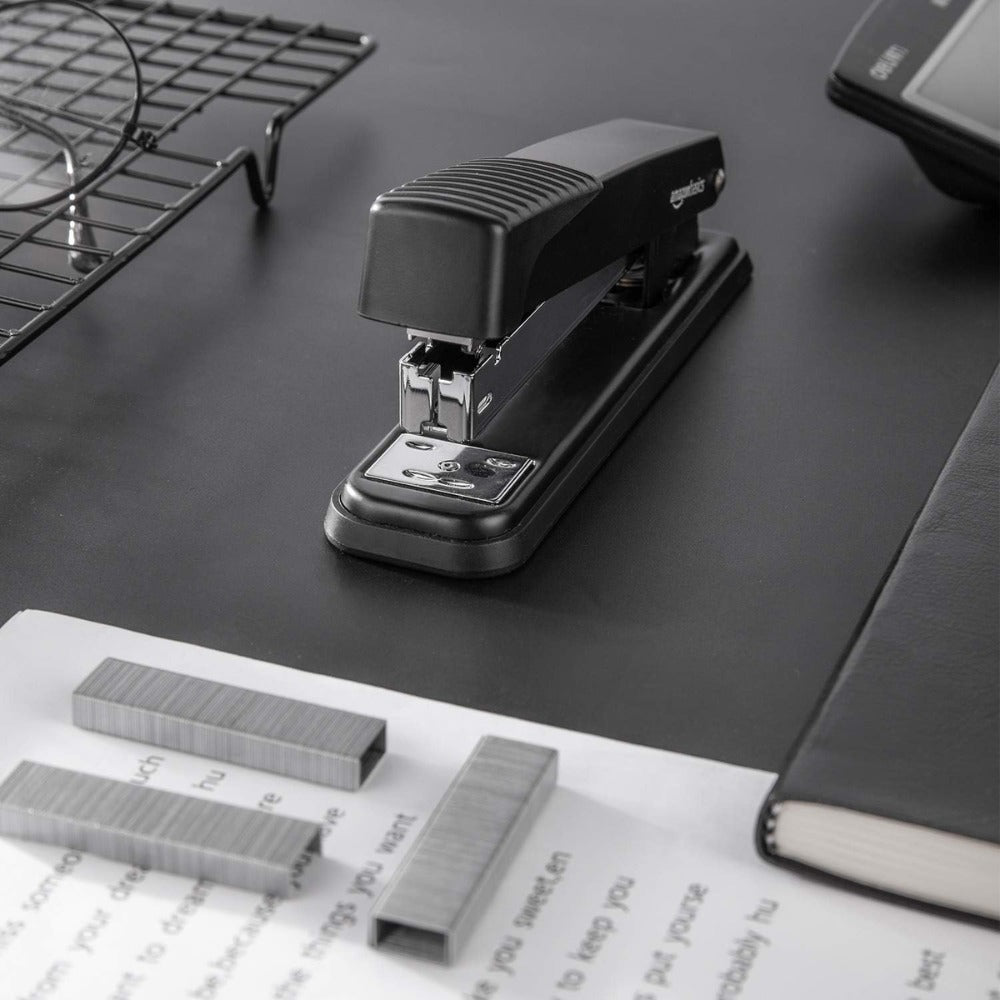 Amazon Basics Full-Strip Metal Stapler 20 Sheet Capacity, Non-Slip Desktop Office Stapler, Black, 3-Pack